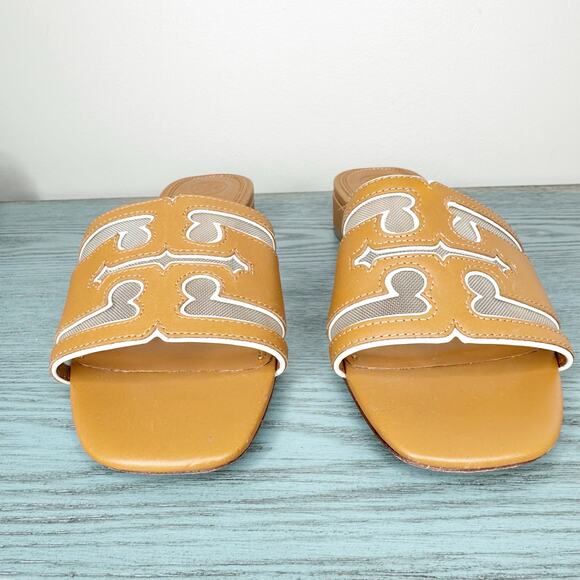 Tory Burch Leather Stitched Logo Slide Heeled Sandal Cognac Brown 9 - Picture 2 of 9